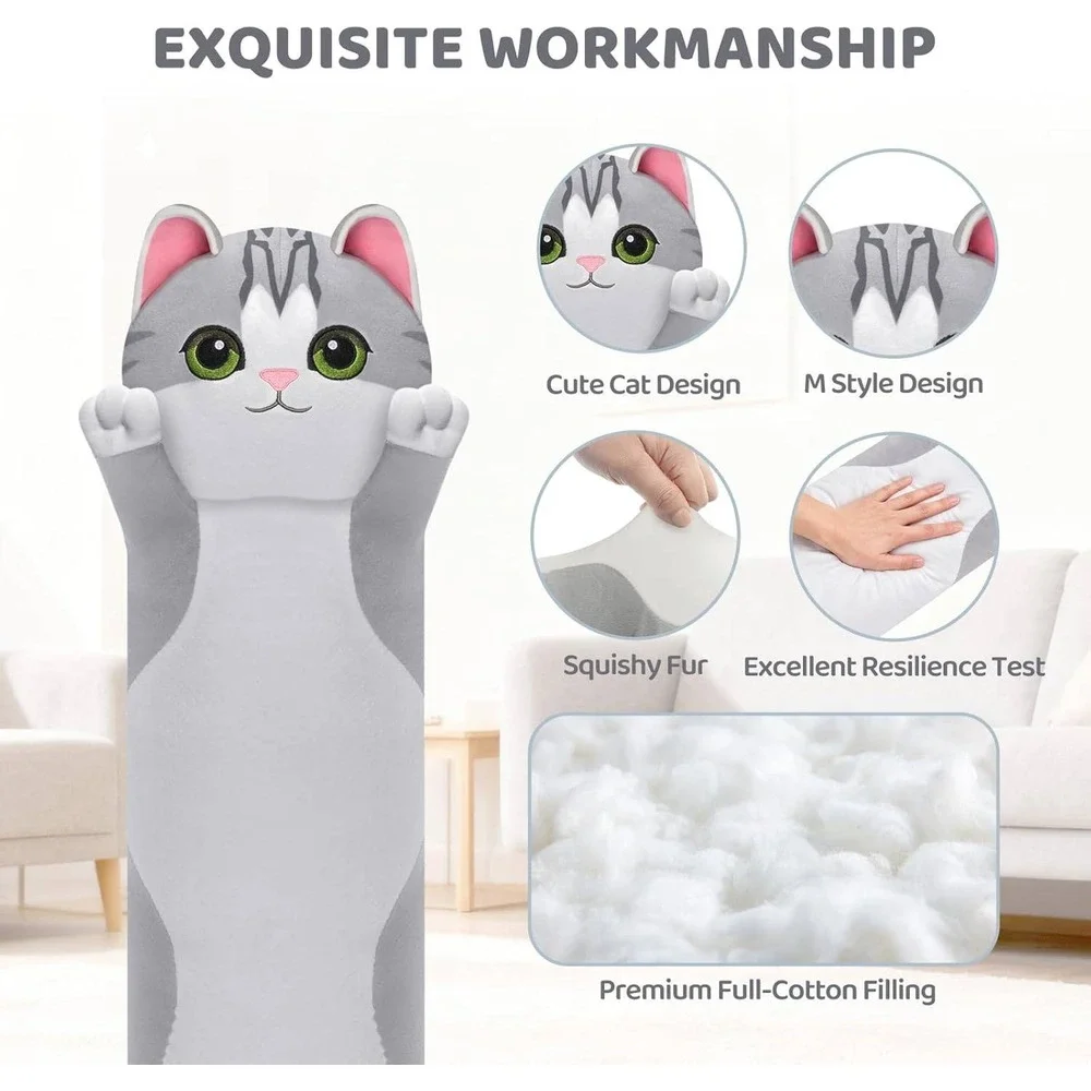 Mewaii Long Cat Plush Body Pillow 20 inch Grey Soft Stuffed Animal Gift New‎